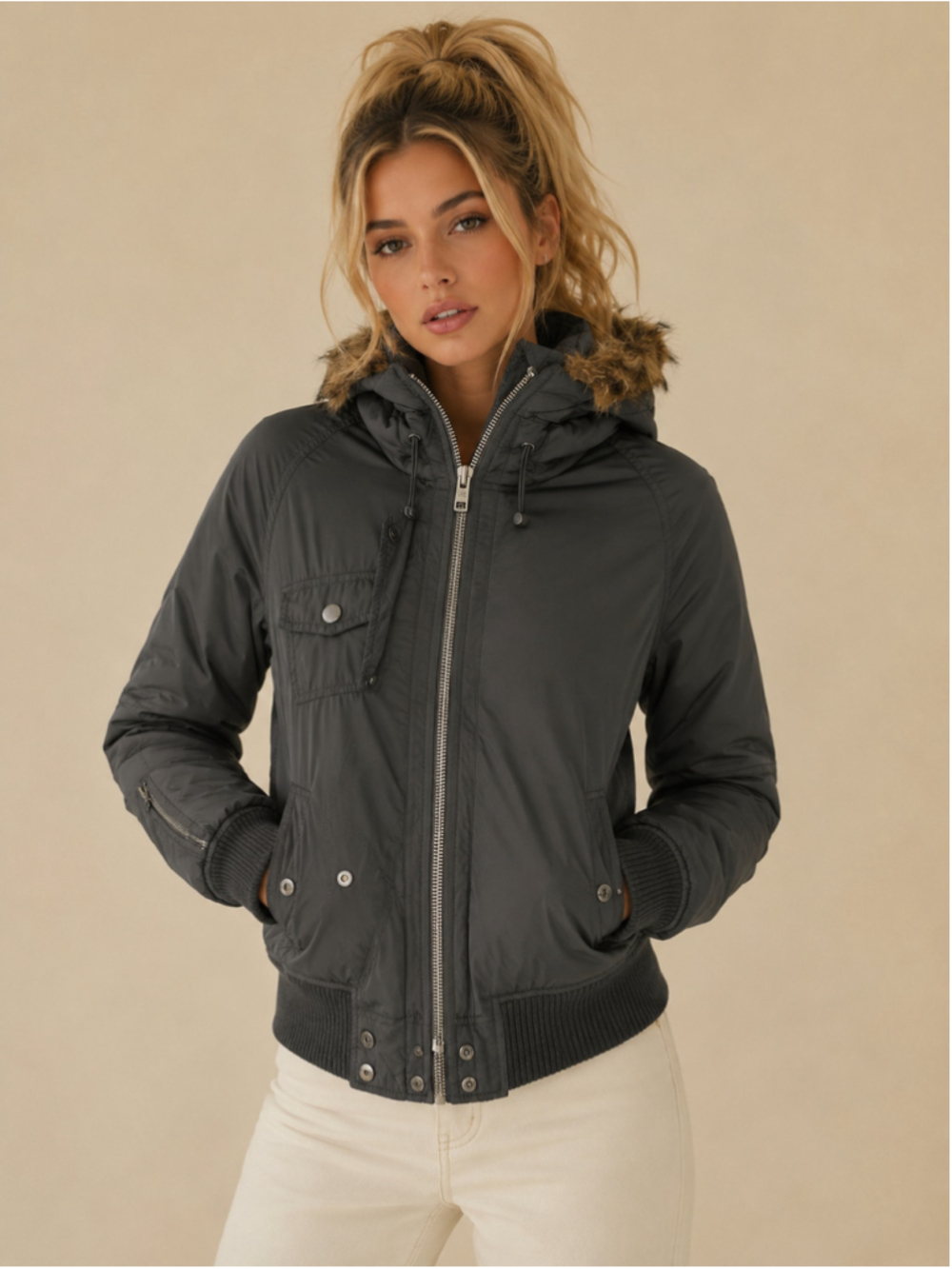 American Eagle Faux Fur Hooded Bomber Jacket Coat Olive Green Utility Quiet Luxe